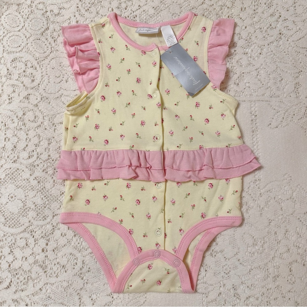 New First Impressions Baby Girl Floral Pink & Pastel Yellow Ruffle Bodysuit 12m